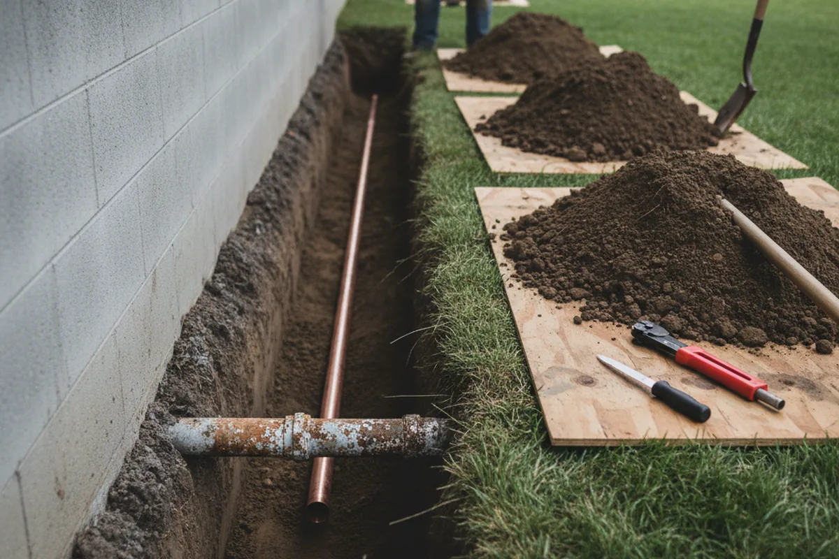 Excavated water line trench during Sewer Line Repair in Harristown